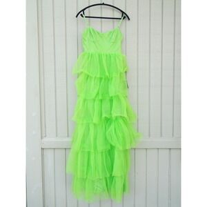 Lulus Gown Dress Tiered Tulle Neon Green Womens Size S Maxi Formal Evening Party